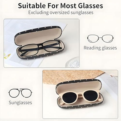 Glasses Case Hard Shell, Cute Sunglasses Case for Women Leather Protective Case for Eyeglass with Cleaning Cloth - color: Black Pink Polka Dot