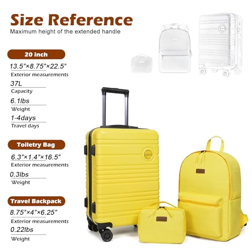 ABS+PC Carry on Luggage set with backpack 3 Pcs suitcace with Spinner wheels TSA Lock 20-In hardshell Lightweight Luggage set(Yellow) - color: Yellow