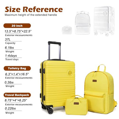 ABS+PC Carry on Luggage set with backpack 3 Pcs suitcace with Spinner wheels TSA Lock 20-In hardshell Lightweight Luggage set(Yellow) - color: Yellow