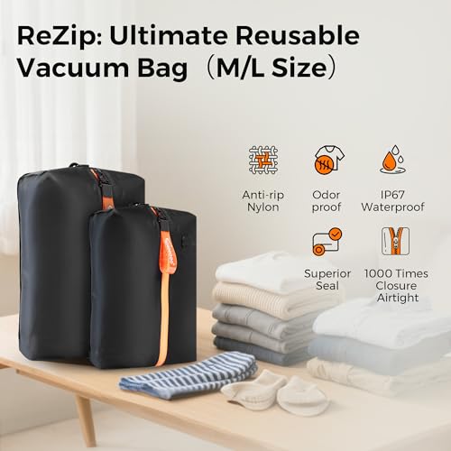 Aerogogo ReZip Vacuum Bags for Travel Luggage Reusable Compression Bags Vacuum Seal Packing cube for Cloth Packing (Medium-No pump) - size: Medium