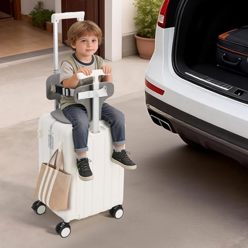 CNCEST 20" Adjustable Double Handle Ride-on Luggage,Travel Carry On Trolley Case with Mesh Pocket for Kids,Children's Ride On Suitcase with Wheels & TSA Lock (StyleB, White) - color: White, style: Styleb