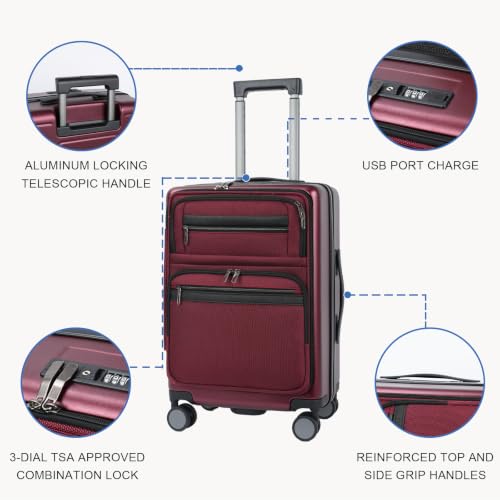 VANKEAN 20 Inch Expandable Hardshell Spinner TSA USB Port Carry-On Approved - color: Burgundy