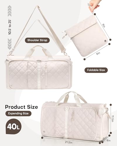 40L Large Foldable Duffle Bag for Women & Men Travel - color: Beige
