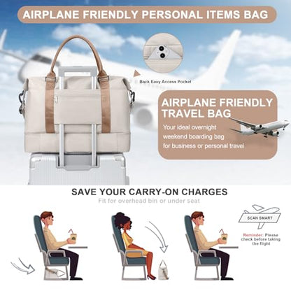 Weekender Bags for Women, Carry-On Overnight Travel Duffel Bag - color: Beige & Brown-3Pcs, size: Extra Large