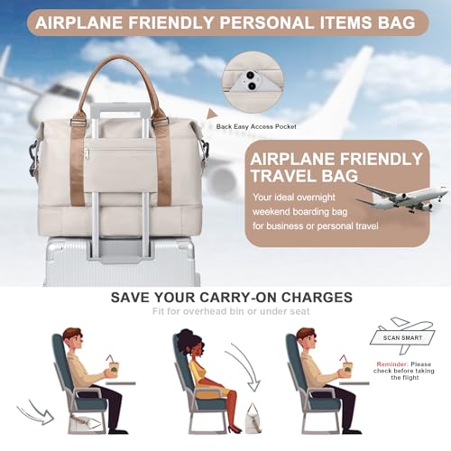 Weekender Bags for Women,Travel Duffle Overnight Bag with Shoe Compartment - color: Beige & Brown-3Pcs, size: Large