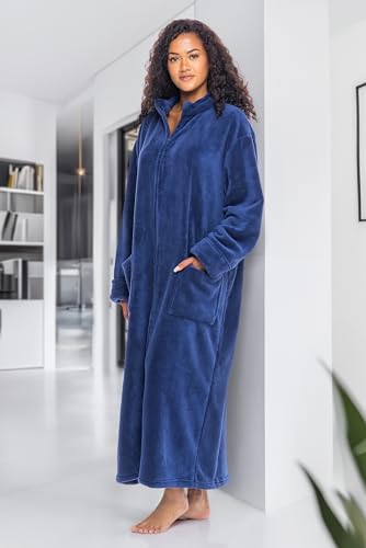 Women's Long Sleeve Plush Fleece Zip Up Robe, Zipper Bathrobe - color: Navy Blue, size: Large