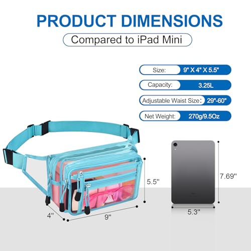 USPECLARE Clear Fanny Pack Stadium Approved Large Multi-Purpose Waist Bag - color: Aqua, style: 1-pack-pvc
