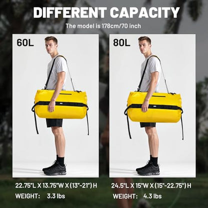 MIER Large Waterproof Duffel Bag - 60L/80L Dry Bag Backpack | Detachable Backpack Straps; Multi-Pockets; Roll-Top with Hook-and-Loop Closure; Motorcycle, Kayaking, Gym, Beach, Boating - color: Yellow, size: 80L