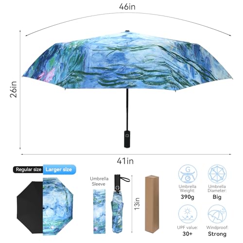 Van Gogh Folding Umbrella, Travel Umbrella with Starry Night Design, Auto Open & Close - Portable Compact Umbrella - Lightweight & Packable for Women & Men - color: Water Lilies A