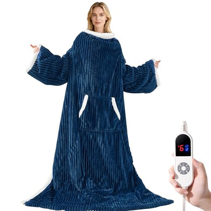 Wearable Heated Blanket with Sleeves& Foot Pocket Electric Robe, Navy - color: Navy Blue
