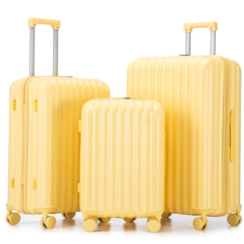 3 Luggage Sets, ABS Hardshell Suitcases Spinner Wheel with Combination Lock - color: Vertical stripes yellow, size: 20/24/28 Inch