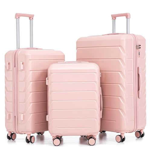 3 Luggage Sets, ABS Hardshell Suitcase Durable Lightweight with Combination Lock - color: pink horizontal stripe