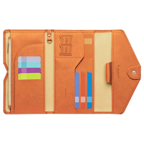 Passport Holder Travel Wallet Organizer for Women,Orange | RFID secure, 6 card slots, 26 sim pockets, passport holder with zip-around wallet, slim fit for women travelers. - color: Orange