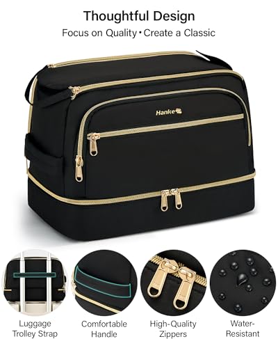 Hanke Travel Toiletry Bag, Wide-Open Dual-Layer Water Resistant Makeup Bag - color: Black