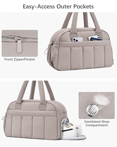 oscaurt Gym Bag for Women Puffer Duffle Bag for Travel Water Resistant Carry On Weekender Overnight Duffel Dance Bag with Shoe Compartment - color: Camel