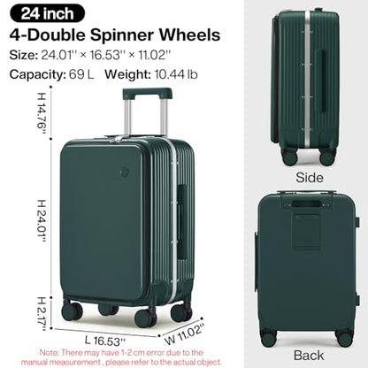 mixi Checked Luggage with Cup Phone Holder and Charger Hard Shell Suitcases with Spinner Wheels, 24 Inch Blackish Green - color: Blackish green, size: 24-inch