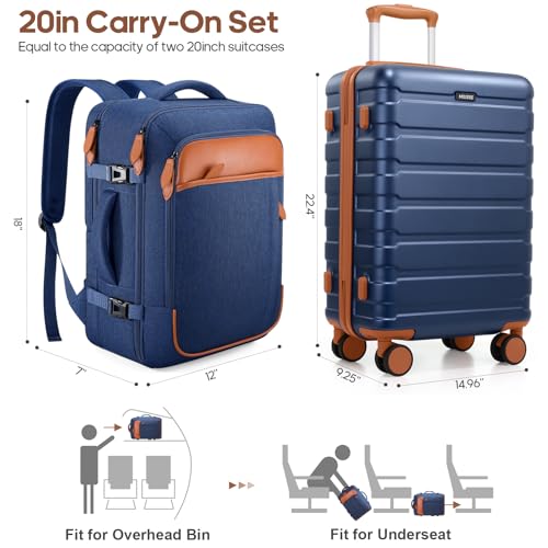Carry on Luggage, Suitcase Set 3Piece with Backpack YKK zippers - color: Navy Blue