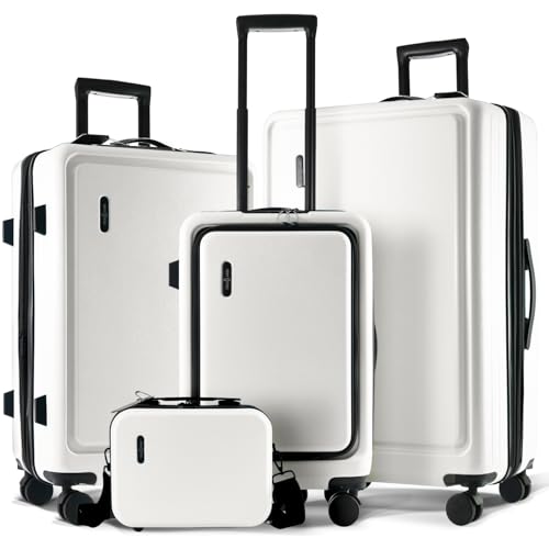 TRAVELARIM White Hardshell Luggage Sets 4 Piece, Durable Suitcase Set, Travel Luggage Set with Integrated TSA Lock, 360° Spinner Wheels, Expandable Medium and Large Checked Suitcase, 20/24/28 Inch - color: White
