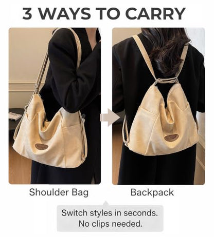 Convertible Backpack for Women, 3-in-1 Shoulder Crossbody Hobo Bag - color: Khaki