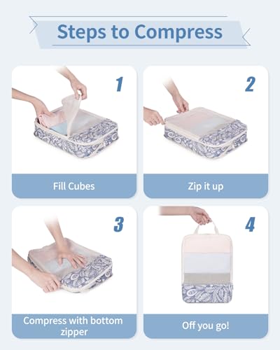 Narwey Compression Packing Cubes for Travel, Cute Luggage Organizer Bags - color: Y-Blue Leaf