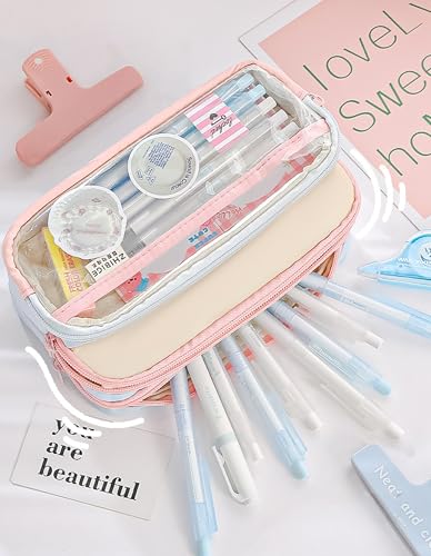 Transparent Large Pencil Case Japanese Pastel Pencil Pouch (Orange) - color: Orange