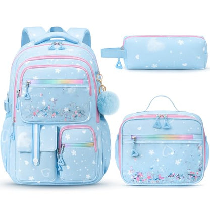 Fimibuke Backpack for Girls, 3 PCS Bookbag Set with Lunch Box & Pencil Case - color: Blue Pink