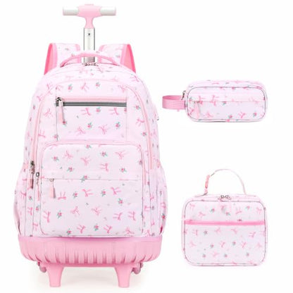 ACESAK Rolling Backpack for Girls with Lunch Bag & Pencil Pouch - color: Pink Bow