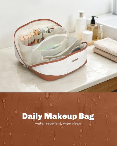 Hynes Eagle Travel Makeup Bag for Women Puffy Cosmetic Organizer Pouch Open Flat Toiletry Bag for Toiletries Brushes Structured Base White - color: White