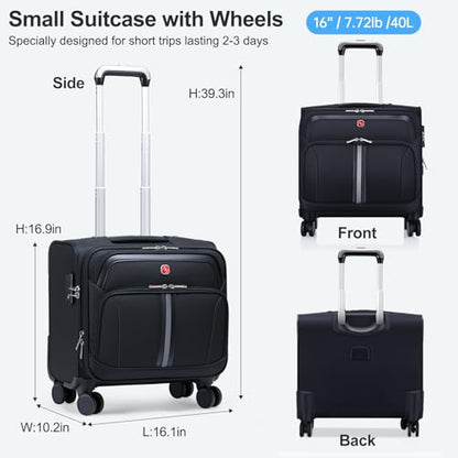 ROPLUS Underseat Carry-On Luggage Lightweight Rolling Tote Bag with 4 Spinner Wheels (Black, 16-Inch) - color: Black, size: 16-Inch