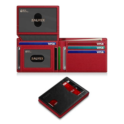 ZALVEX Wallet for Men Slim RFID Blocking Leather Credit Card Holder Wallet - color: Black + Red