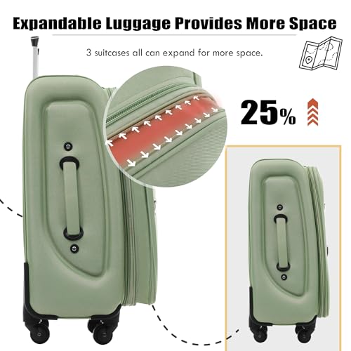 Merax 3 Piece Luggage Set,Expandable Softside Suitcase Set.Light Green - color: Light Green, size: 3 Piece(22/26/30)