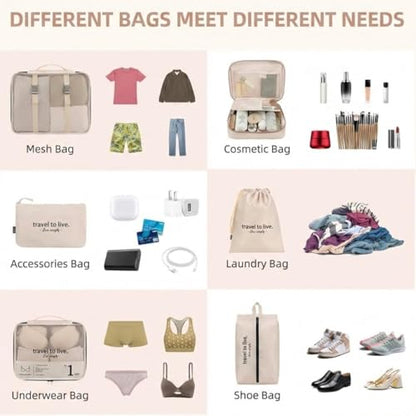 7 Set Packing Cubes for Travel, Compression Luggage Organizer Bags for Suitcase Mesh Travel Essentials with Shoe Bag, Drawstring Bag & Clothing Organizer for Carry On, Beige
