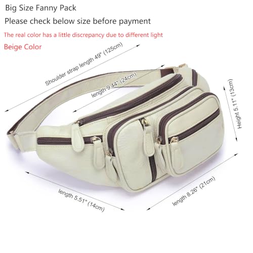 Genuine Leather Fanny Pack large capacity Crossbody Waist Bag with Zipper phone Pockets white - color: White