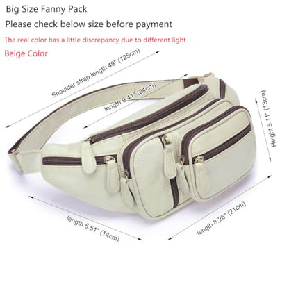 Genuine Leather Fanny Pack large capacity Crossbody Waist Bag with Zipper phone Pockets white - color: White