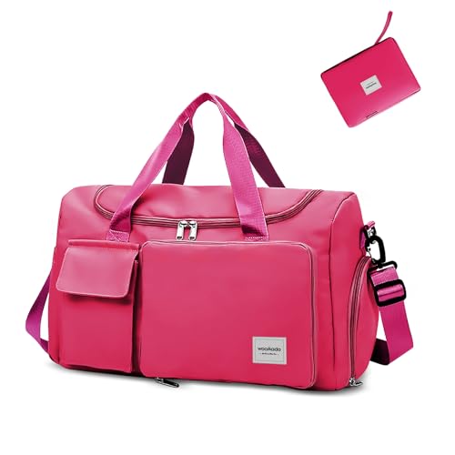 WOOMADA Foldable Travel Duffel Bag with Shoes Compartment, Overnight Bag with Wet Pocket & Trolley Sleeve, Weekender Bags for Women(A-rose red) - color: A-rose red