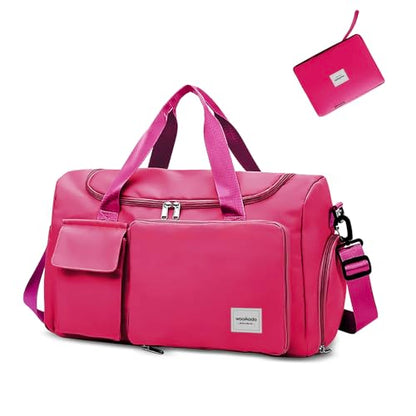 WOOMADA Foldable Travel Duffel Bag with Shoes Compartment, Overnight Bag with Wet Pocket & Trolley Sleeve, Weekender Bags for Women(A-rose red) - color: A-rose red