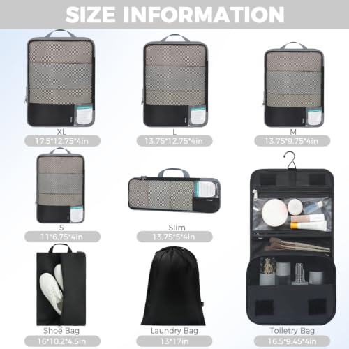 BAGAIL 4 Set/6 Set/8 Set Compression Packing Cubes Travel Accessories Expandable Packing Organizers (Half Mesh, 8-Jet Black) - color: 8-Jet Black, style: Half Mesh