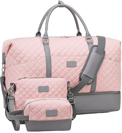 Weekender Bag, Large Travel Duffel Bag for Women, Carry on Overnight Bag with Shoe Compartment and Toiletry Bags - color: A-Pink