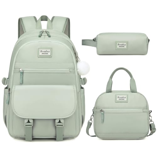 Bevalsa Backpack for Girls, 3PCS School Backpacks with Lunch Box | Pencil Pouch for Teens Girl Kids Elementary Middle High School College Student Bookbag Daypack - color: Green, size: 15.6 inch