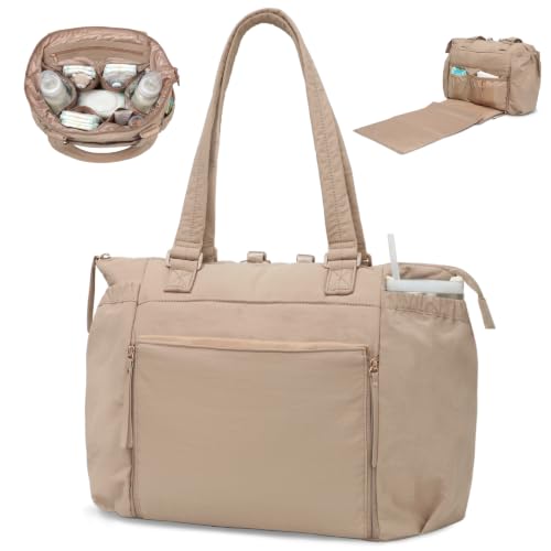 MOMINSIDE Diaper Bag Tote with Changing Station Convertible Diaper Bag Backpack Tote pañaleras para bebe Large Baby Bag, Hospital Bag Mommy Bag Travel Diaper Bag for Mom,16 Pockets, Khaki - color: Khaki