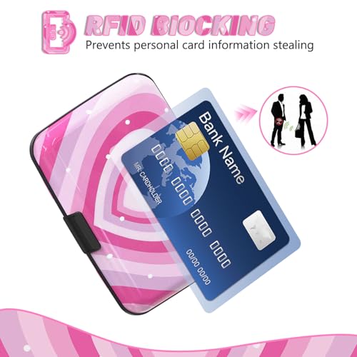 Credit Card Holder, Mini RFID Small Aluminum Card Wallet Business Card Case - color: Pink Hearts