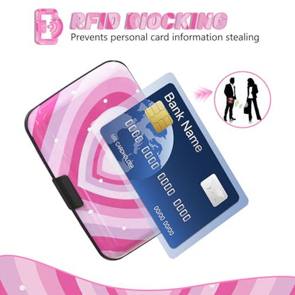 Credit Card Holder, Mini RFID Small Aluminum Card Wallet Business Card Case - color: Pink Hearts