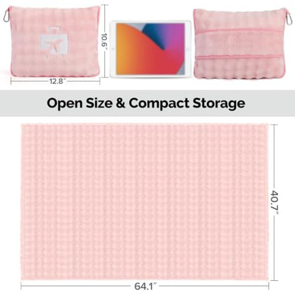 Pink Travel Blanket for Airplane, Portable Soft Flannel with Pouch & Clip - color: Pink