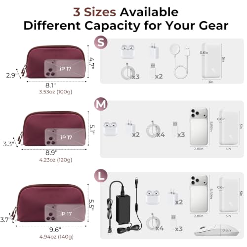FYY Travel Cable Organizer - 8 Compartments, Lightweight, Water Repellent - color: Wine Red, size: (M) 8.9"× 5.1"× 3.3"