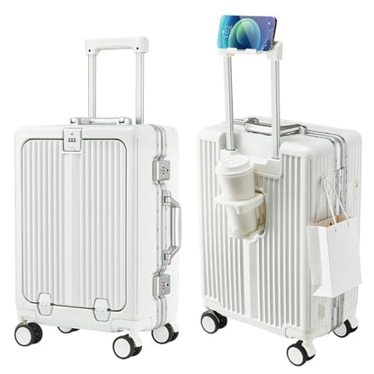 Aluminum Frame Carry On Luggage with Front Pocket, White - color: White, size: 20 Inch