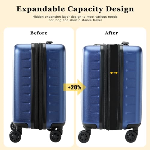 CENSIEN Expandable 16 Inch Carry On Luggage Airline Approved Small Suitcase - color: Navy Blue, size: 16 Inch EXT