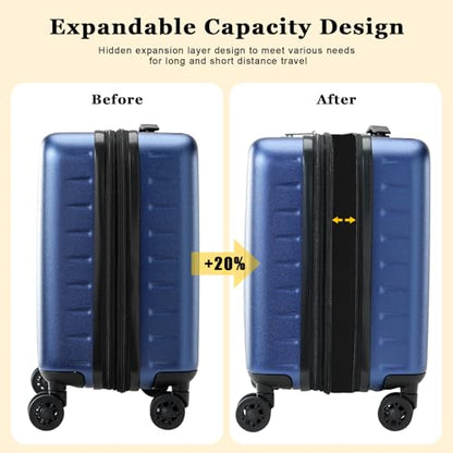 CENSIEN Expandable 16 Inch Carry On Luggage Airline Approved Small Suitcase - color: Navy Blue, size: 16 Inch EXT