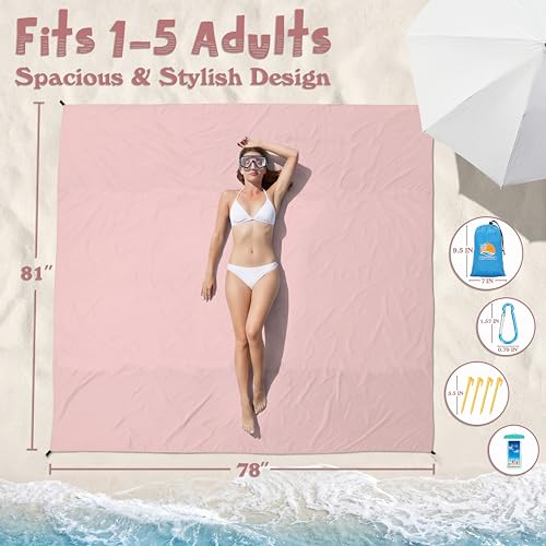 Aroveea Beach Blanket Waterproof Sandproof 78''X81''/10'X9' Oversized Mat - color: 핑크, size: 78''x81''