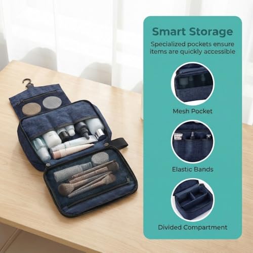 Portable Hanging Toiletry Bag Water-resist Cosmetic Organizer with Mesh Pockets for Travel Makeup and Skincare Products(Navy Blue) - color: Navy Blue