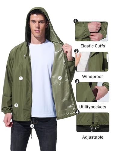 UIQUR Mens Rain Jacket Raincoat Waterproof Windbreaker - color: Army Green, size: XX-Large